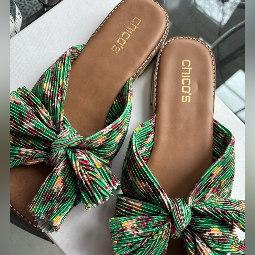 Chico's Green Multi-Print Bow Slide Sandals